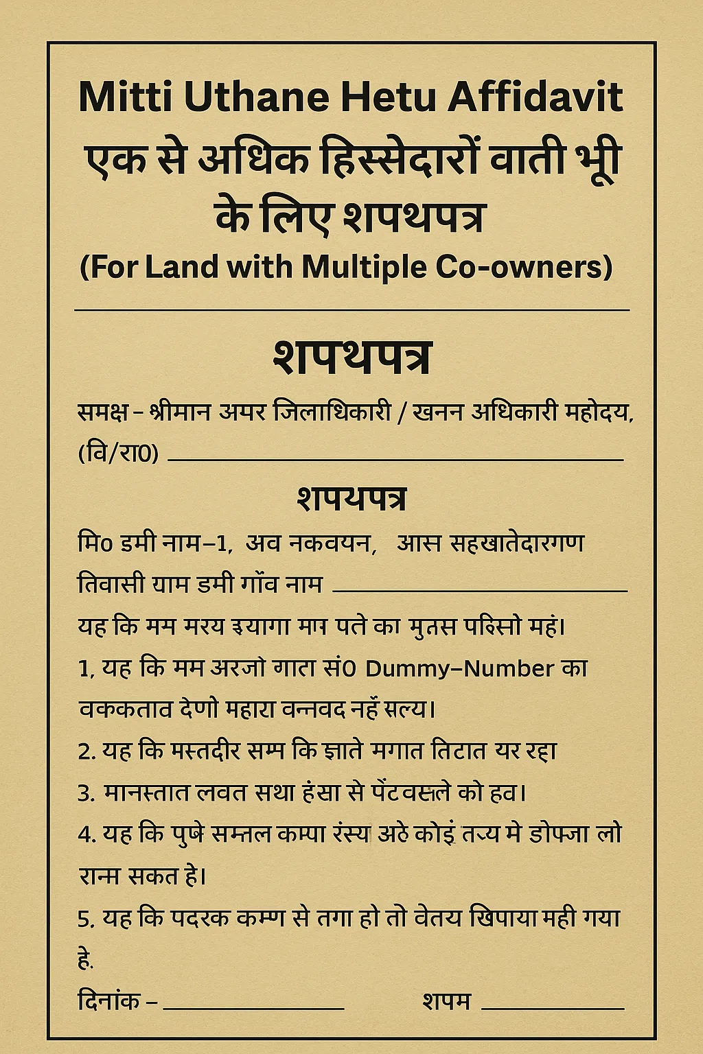 Mitti Uthane Hetu Affidavit (For Land with Multiple Co-owners) | एक से अधिक हिस्सेदारों वाली भूमि के लिए शपथपत्र